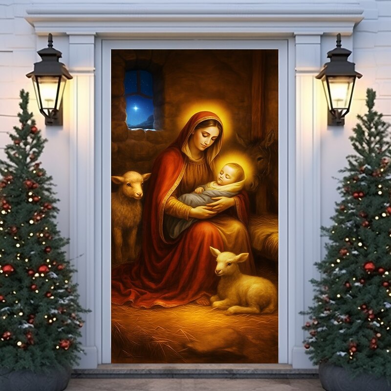 Christmas Door Cover, Holy Mother and Child Nativity Religious Door Curtain Backdrop for Xmas Party, Church and Home Holiday Decorations - Main Image