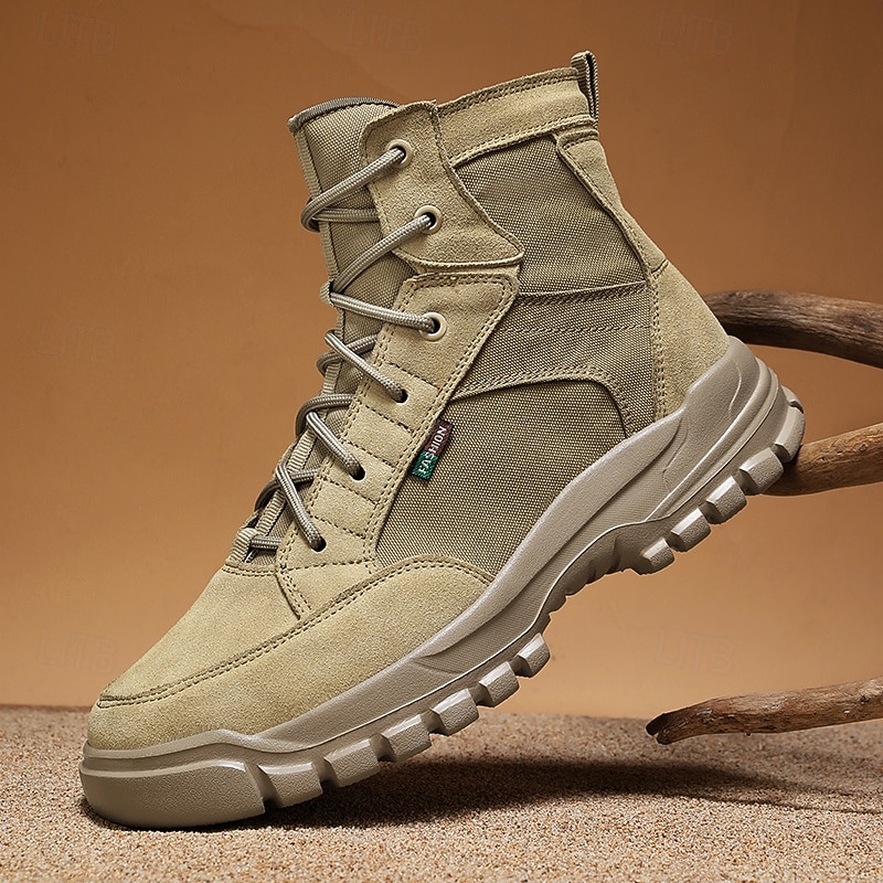 Men's Beige High Top Hiking Boots with Lace-Up Design, Non-Slip Sole, Outdoor Casual Trekking Shoes for Camping and Travel