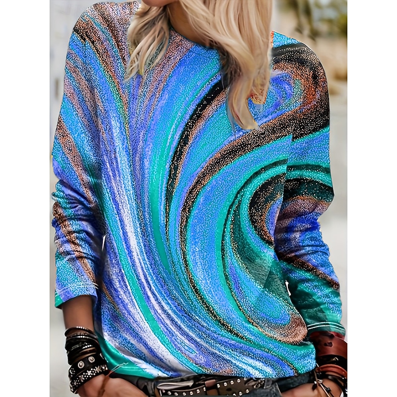 Women's T Shirt Graphic Geometric Vintage Stylish Casual Long Sleeve Crew Neck Regular Tops Daily Print Blue Purple Orange Green Gray Spring Fall Winter2