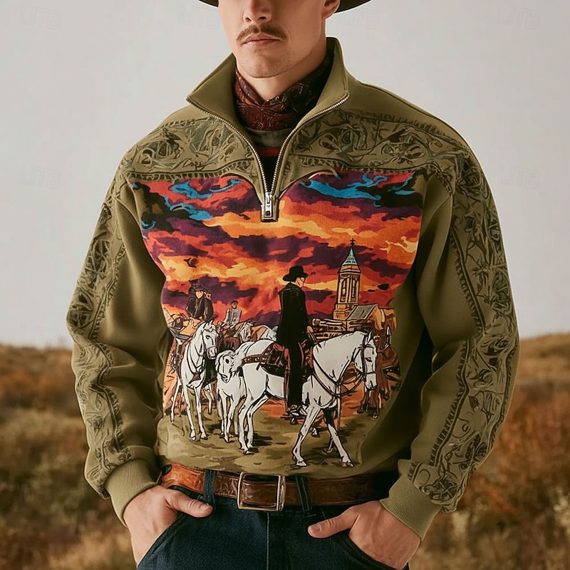 Men's Cowboy Sweatshirt Ethnic Vintage Retro Stand Collar Outdoor Work Gift Black Brown Zipper Fall Winter Designer2