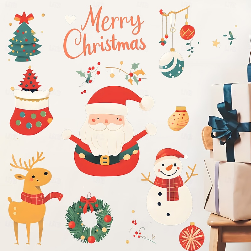 Christmas Sticker Wall Decals Creative Cartoon Santa Claus Snowman Holiday Party Living Room Wall Mural Removable Vinyl Home Decoration Background For Christmas Festival Atmosphere