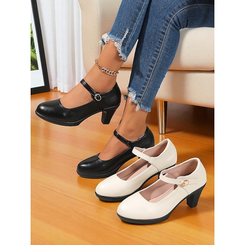 Women's Comfortable Black Mary Jane Pumps - Faux Leather Round Toe Mid Heel Work Shoes for Office, Business and Everyday Wear