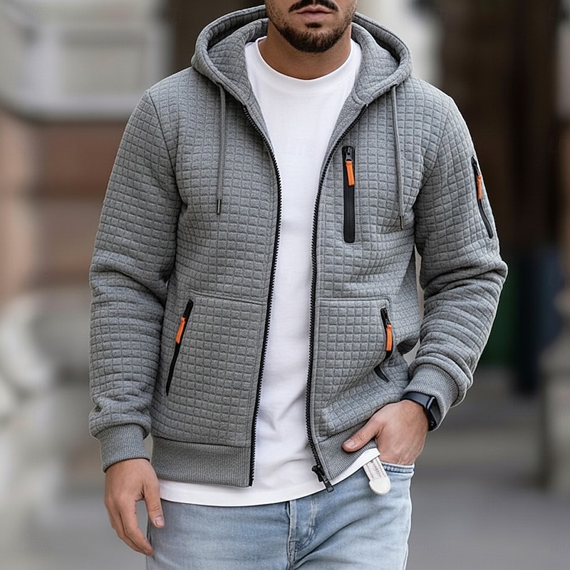Men's Hoodie Full Zip Hoodie Waffle Hoodies Tactical Hoodie Light Grey Hooded Plain Zipper Sports & Outdoor Casual Daily Streetwear Cool Sportswear Spring &  Fall All Seasons Clothing Apparel Hoodies