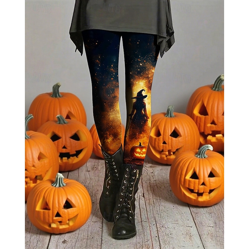 Women's Leggings Cozy Leggings Basic Casual Full Length High WaistPantsHalloween Graphic Pumpkin Printing Thermal Warm Comfortable Stretchy Vacation Casual Daily Orange Fall Winter Slim Fit