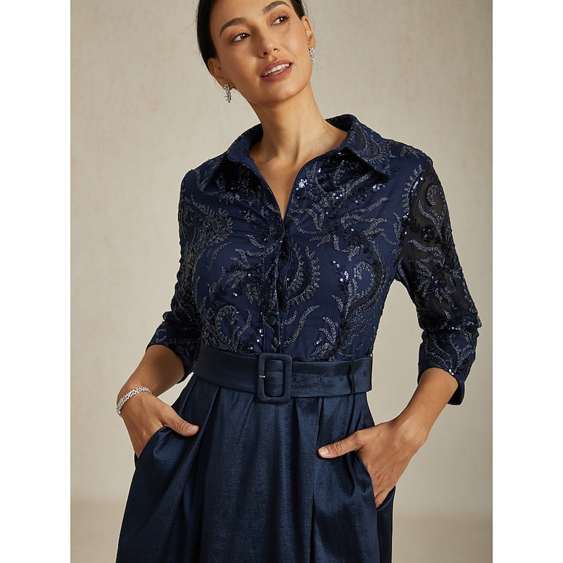 Women's Maxi Dress A Line Dress Fit And Flare Dress Elegant Party Formal Evening Party Paisley 3/4 Length Sleeve Shirt Collar Navy Blue Fall Winter4