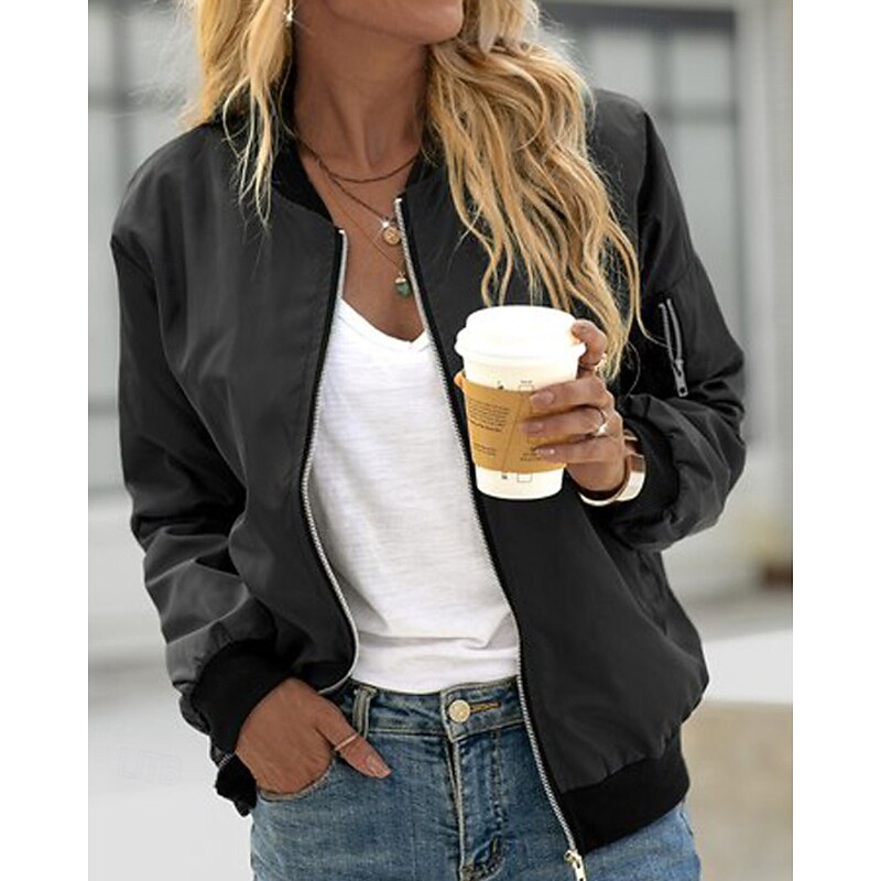 Women's Jacket Casual Jacket Comfortable Zipper Fashion Casual Plain Vacation Casual Daily Wear Going out Short Regular V Neck Regular Fit Long Sleeve Outerwear Black Wine Dark Green Fall Winter2