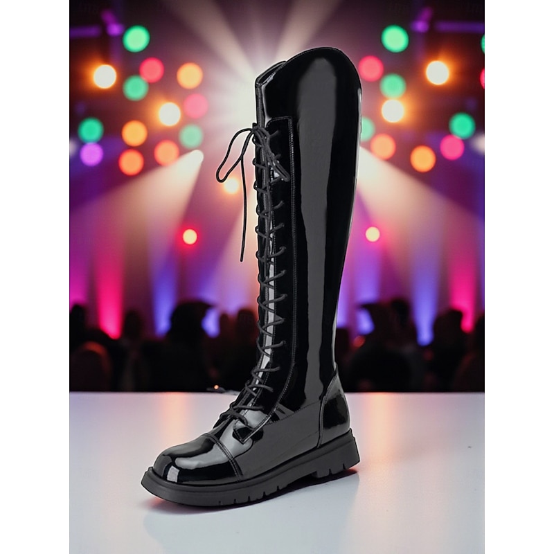 Korean Idol Inspired Pop Star Costume Shoes Girls' White Lace-Up Knee High Boots with Chunky Sole Fashion Performance Footwear for Dance and Stage Outfits3