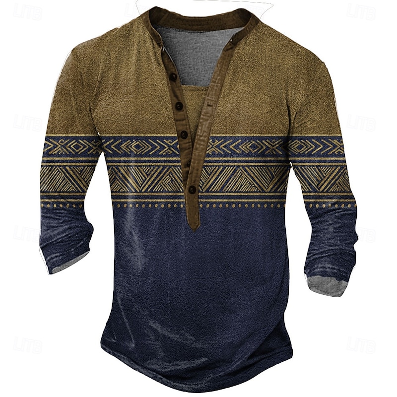 Men's Geometric Ethnic T Shirt Henley Shirt Long Sleeve Designer Retro Vintage Ethnic Street Casual Daily Summer Spring Fall Dark Brown Green Blue khaki Henley Henley T-Shirt3
