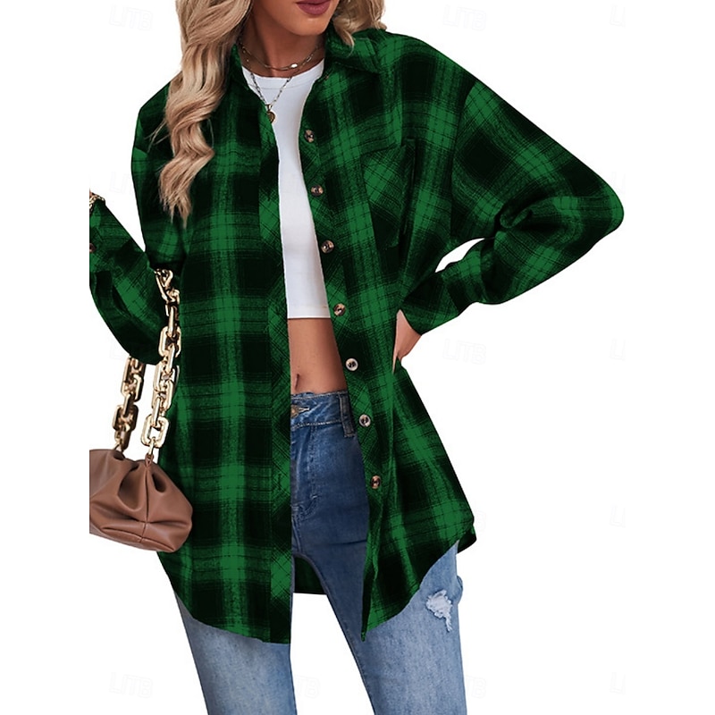 Women's Shacket Comfortable Breathable Pocket Buttons Print Casual Plaid Vacation Street Casual Daily Wear Single Breasted Regular Turndown Regular Fit Long Sleeve Outerwear Black Red Blue Spring Fall4