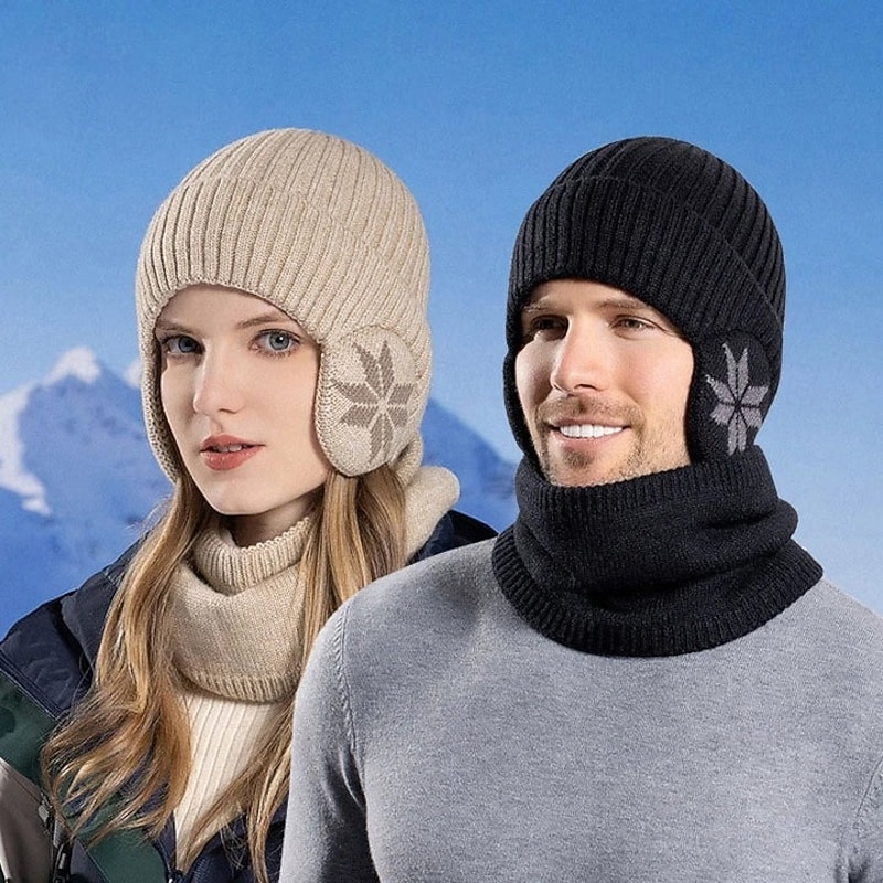 Winter Beanie Hat Scarf Sets Warm Knit Hat Fleece Lined Neck Warmer Women Men Outdoor Cycling Ear Protection Skull Cap Cold Weather Thermal Accessories