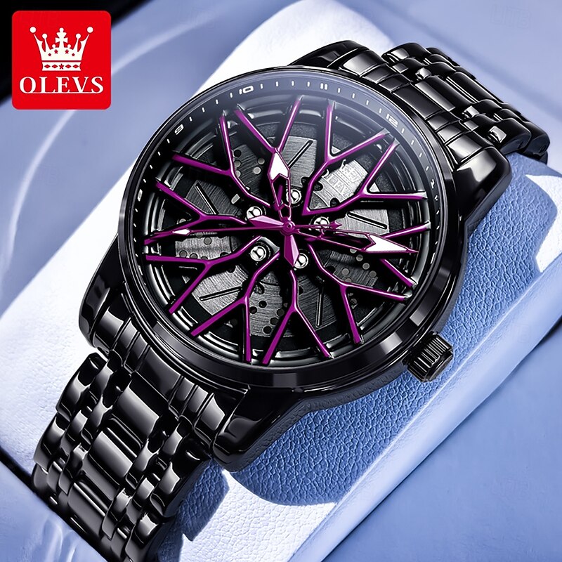 OLEVS 3701 Luxury Quartz Watch for Man 3D Hollowed Rotary Wheel Dial Stainless Steel Waterproof Luminous Men's Wrist Watches3