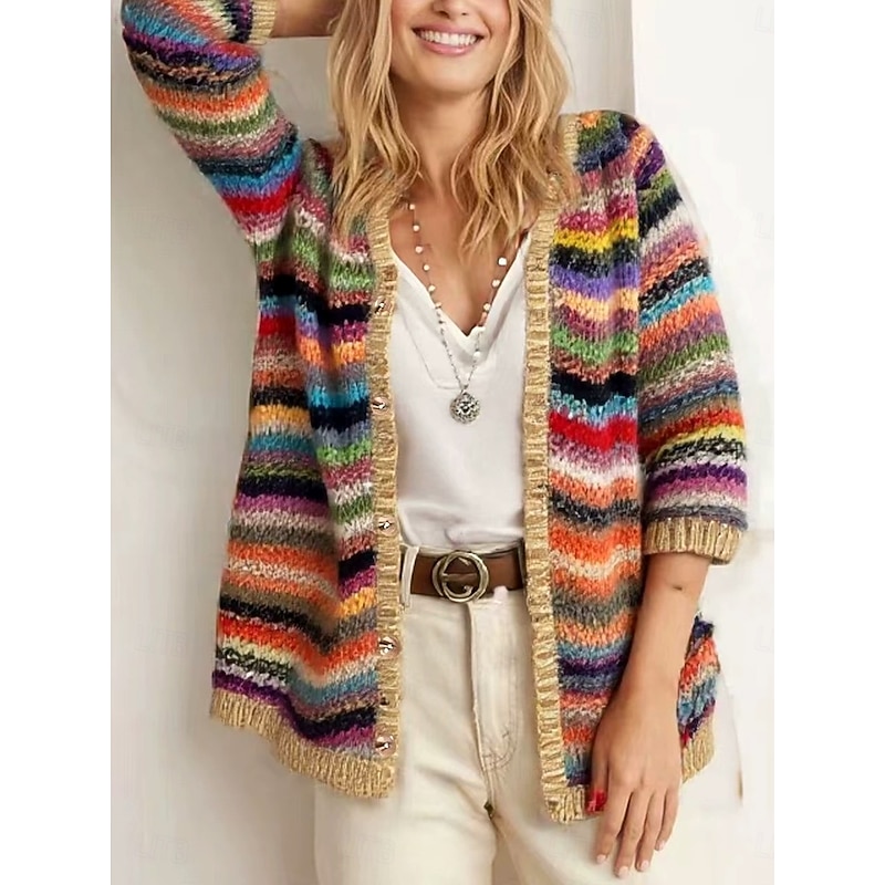 Women's Cardigan Daily Geometric Striped Ribbed Open Front Buttons Print Long Sleeve Regular Tops Knit Outdoor Weekend Yellow Blue Spring Fall4