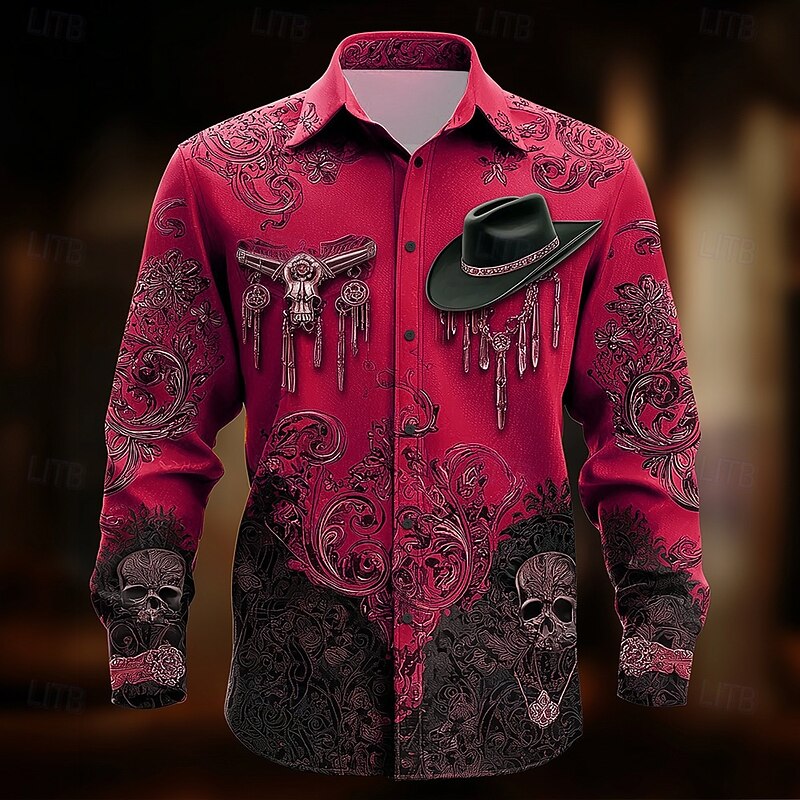 Men's Paisley Skull Cow Print Shirt Western Shirt Cowboy Shirt Long Sleeve Ethnic Vintage Retro Outdoor Vacation Spring Fall Turndown 3D Print Linen Like Shirt Blue Purple Orange Green Rose Red3