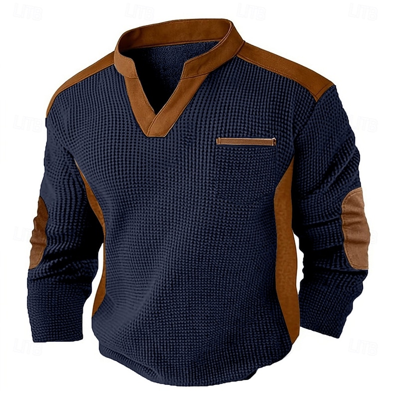 Men's Waffle Tee Long Sleeve V Neck Spring &  Fall All Seasons Solid Color Textured Fashion Basic Casual Pockets Street Casual Sports Black Navy Blue khaki Top Tee for Men4
