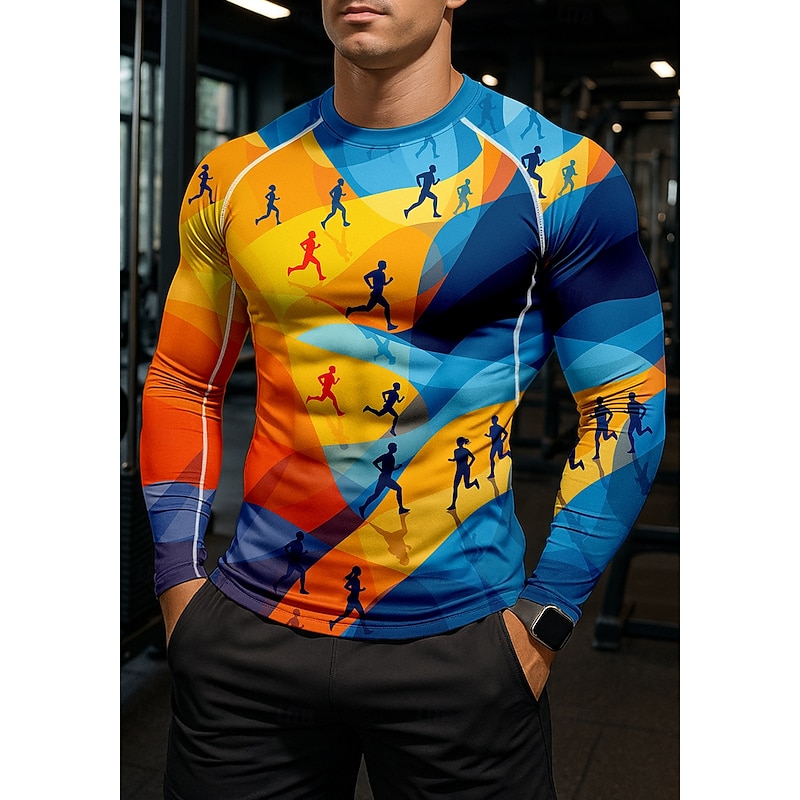 Men's Compression Shirt Running Top Running Shirt 3D Print Long Sleeve Shirt Geometric Quick Dry Compression Power Flex Moisture Wicking Gym Workout Active Training Exercise Sportswear Activewear Blue