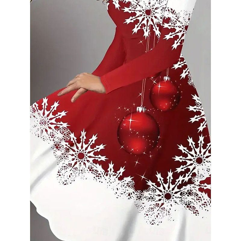 Christmas Women's Midi Dress A Line Dress Fit And Flare Dress Vacation Casual Boho Party Daily Going out Regular Fit Graphic Snowflake Long Sleeve Crew Neck Red Summer Spring Fall Winter2