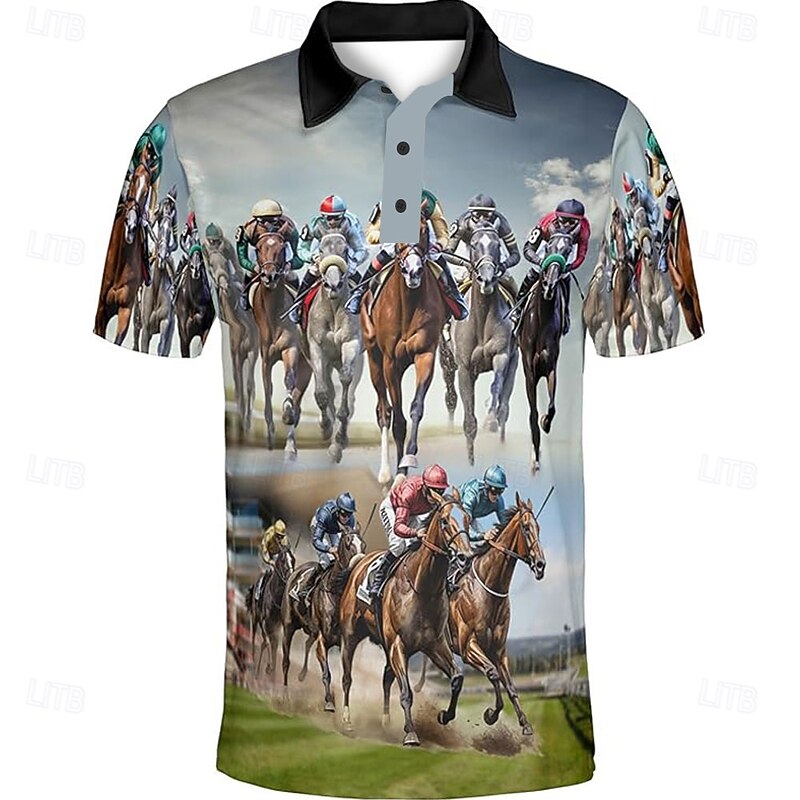 Kentucky Derby Men's Horse Racing Polo Short Sleeve Polo Shirts Collared Shirts Business Casual Outdoor Daily Wear Festival Outfit 3D Print Summer Spring Fall Black Green Gray2