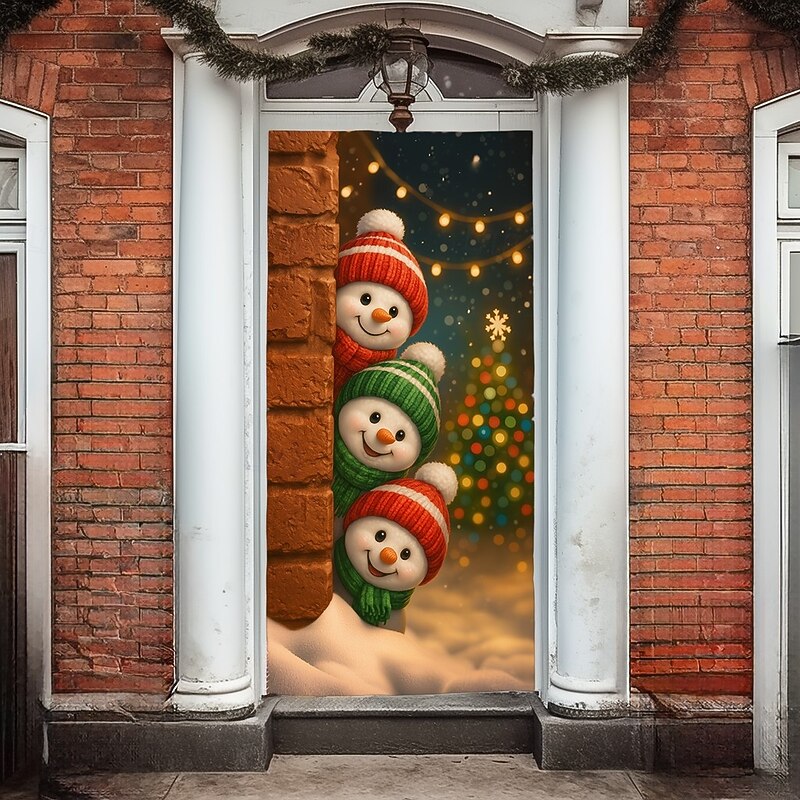 Christmas Door Cover, Cute Snowman with Gift and Snowy Background Holiday Backdrop Door Curtain for 2025 Xmas Party and Home Winter Decorations3