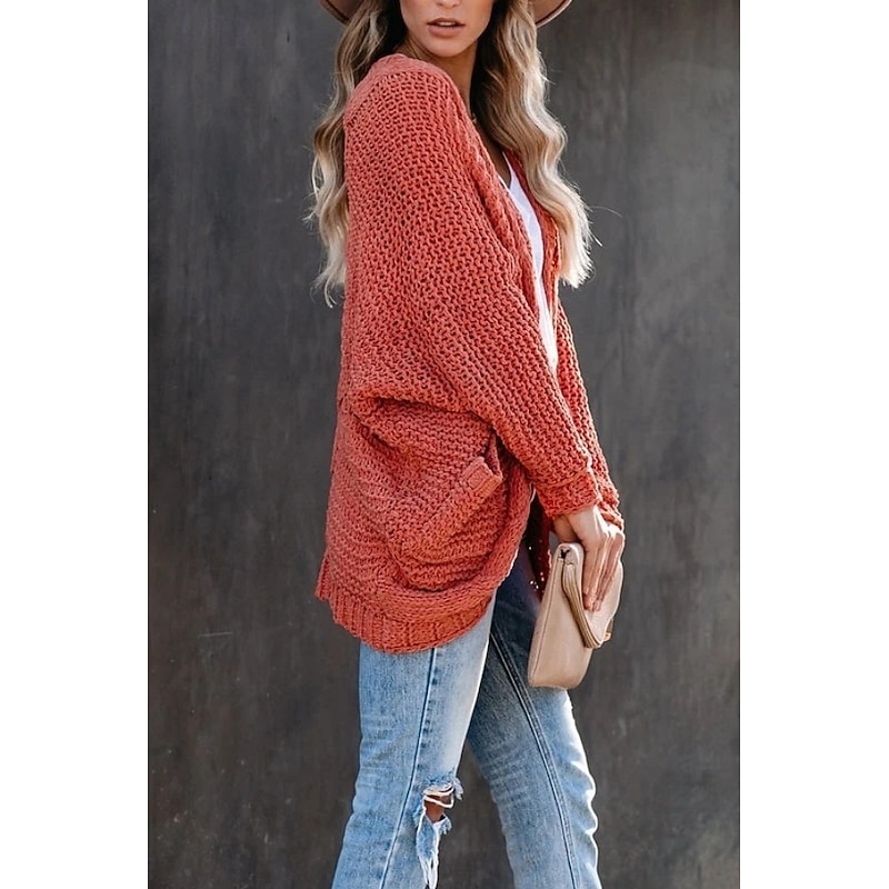 Women's Sweater Cardigan Elegant Fashion Streetwear Pure Color Open Front Pocket Knitted Long Sleeve Regular Tops Knit Outdoor Daily Weekend Black Red Fall Winter4