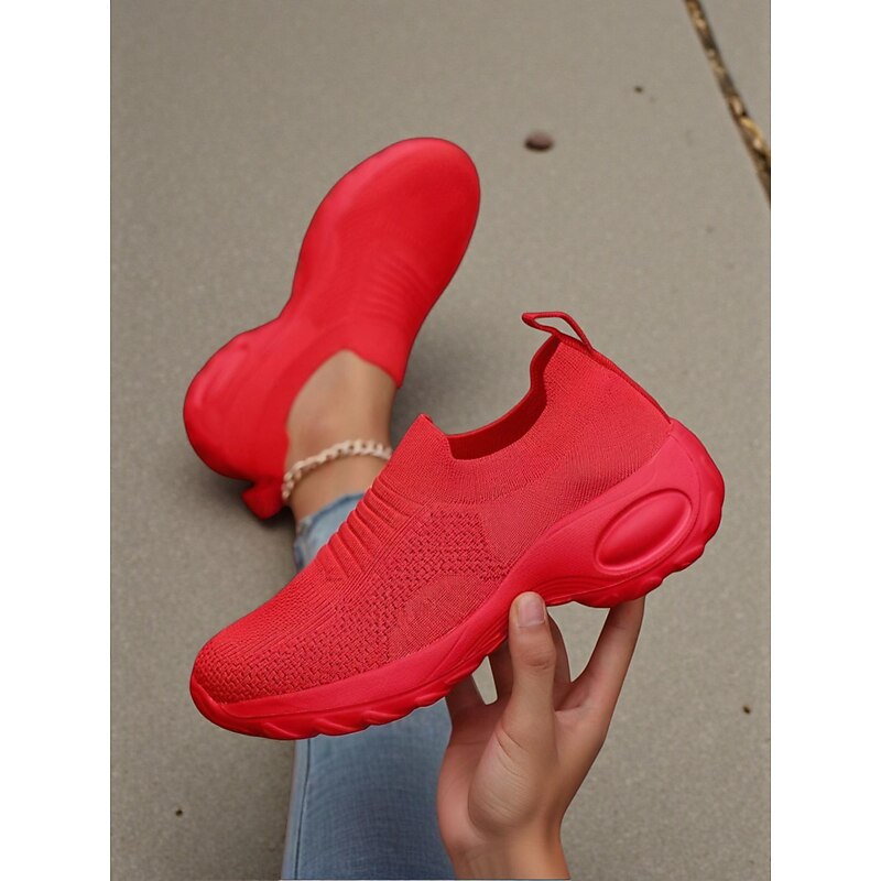 Women's Green Flyknit Slip-On Sneakers – Breathable Lightweight Shoes for Casual Street Style, Walking, Running and Gym