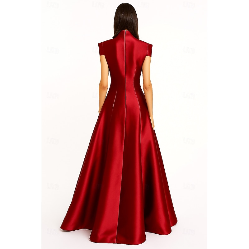 Black Red A-Line Evening Gown Elegant Formal Dress Formal Wedding Floor Length Short Sleeve Queen Anne Pocket Satin with Pocket 20253