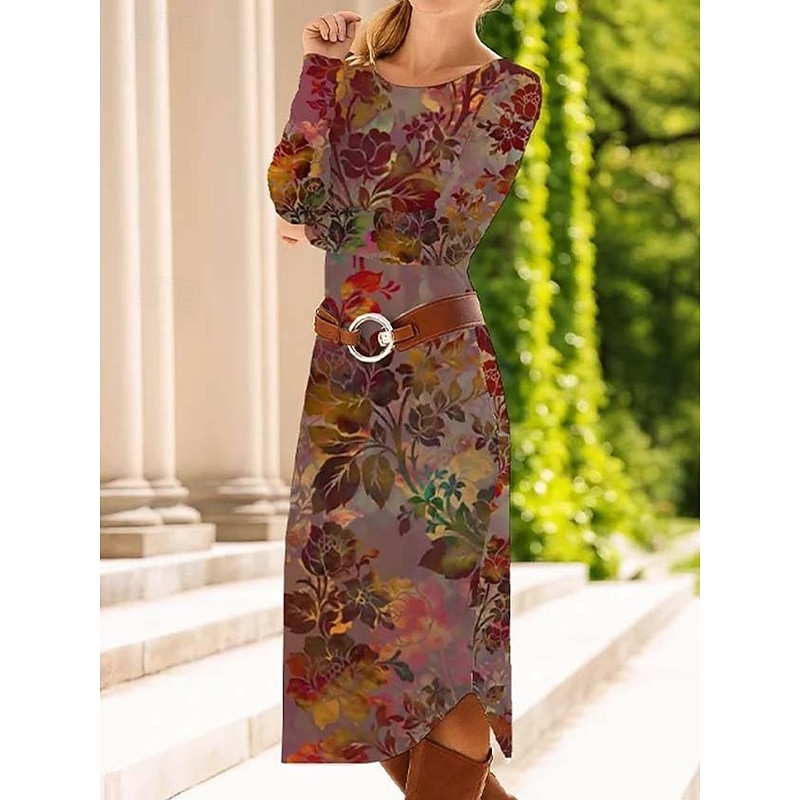 Women's Midi Dress Sheath Dress Shift Dress Casual Daily Regular Fit Graphic Paisley Abstract Long Sleeve Crew Neck Red Blue Purple Green Spring Fall Winter Autumn2