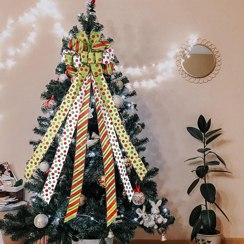 Christmas Tree Topper Wreath Bow Large Green Christmas Bow Tree Topper, Red Green Dot Polyester Gift Bows for Xmas Ornament Holiday Home Thanksgiving Indoor/Outdoor Decoration