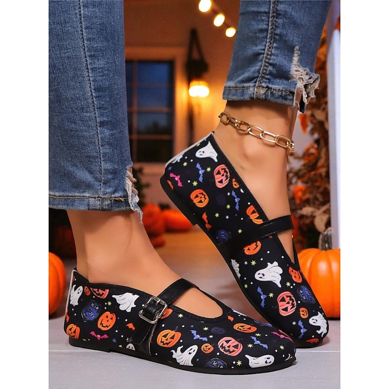 Women's Halloween Mary Jane Flats – Vintage Ghost and Pumpkin Print Shoes with Buckle Strap for Costume Party, Trick-or-Treat and Casual Wear2