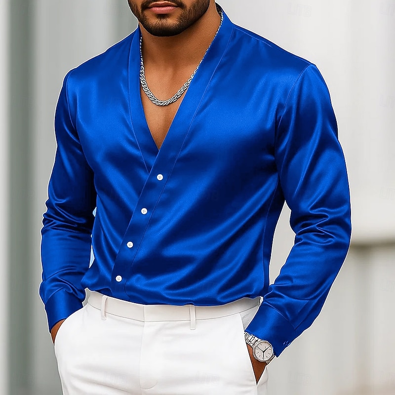 Men's Shirt Satin Shirt Dress Shirt Casual Shirt Button Up Shirt Prom Shirt Plain Formal Wedding Black White Royal Blue Gold Long Sleeve V Neck All Seasons Clothing Apparel Plain