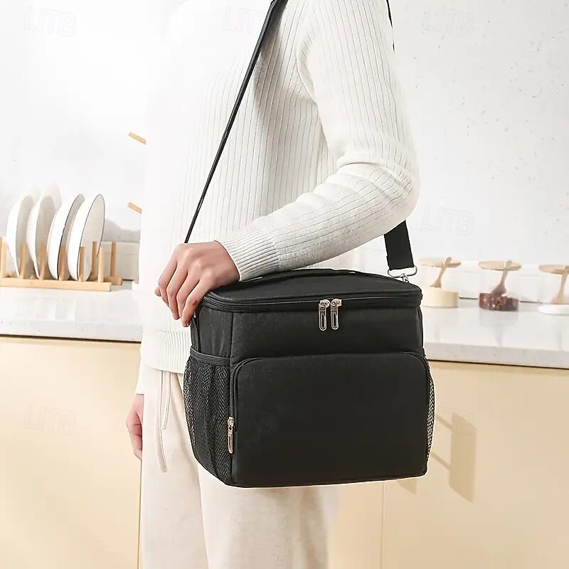 Adjustable Strap Insulated Lunch Bag – Durable Oxford Fabric, Reusable Cooler Tote for Office, School, Picnic & Beach, Tear-Resistant Black Thermal Lunch Box, Back-to-School Essential3