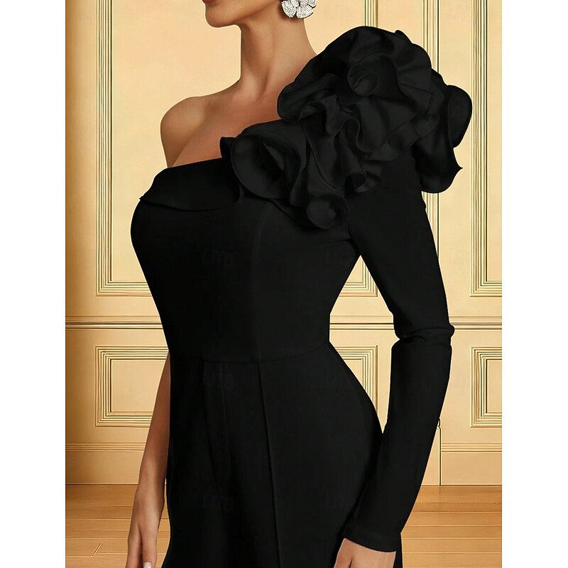 Jumpsuits Mother of the Bride Dress Elegant Simple One Shoulder Floor Length Stretch Fabric Long Sleeve with Flower Solid Color3