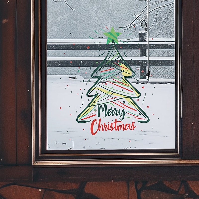 Christmas Sticker Wall Decals Painted Line Christmas Tree Removable Vinyl Mural Holiday Party Living Room Dining Room Glass Window Door Background Decoration For Home Festival Atmosphere2