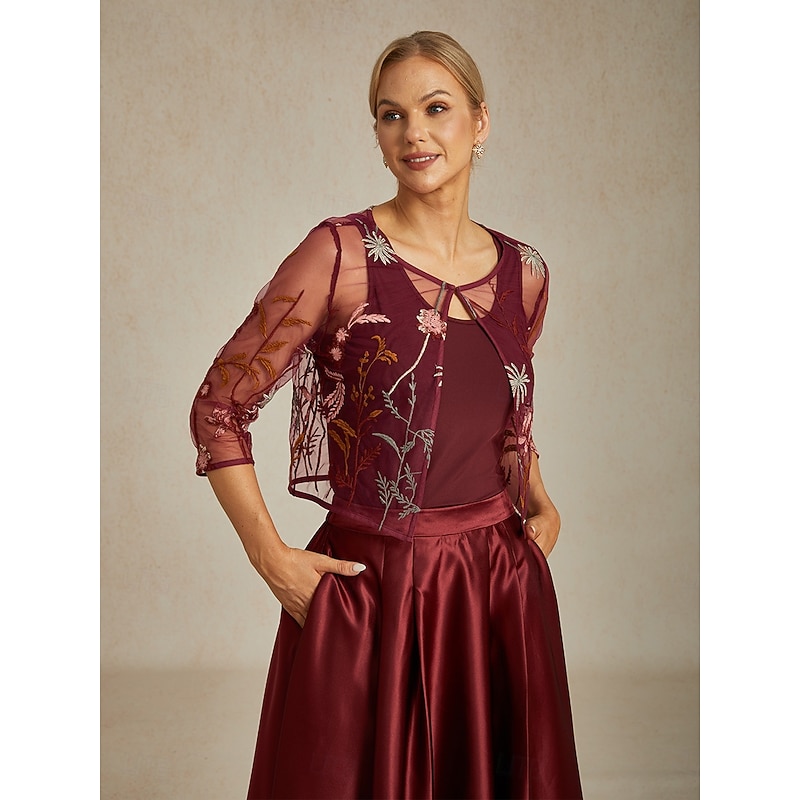 Women's Lace Tops Floral Elegant Stylish Crew Neck Crop Tops Wedding Guest Party Evening Wear Lace Embroidered Wine Summer Spring Fall4