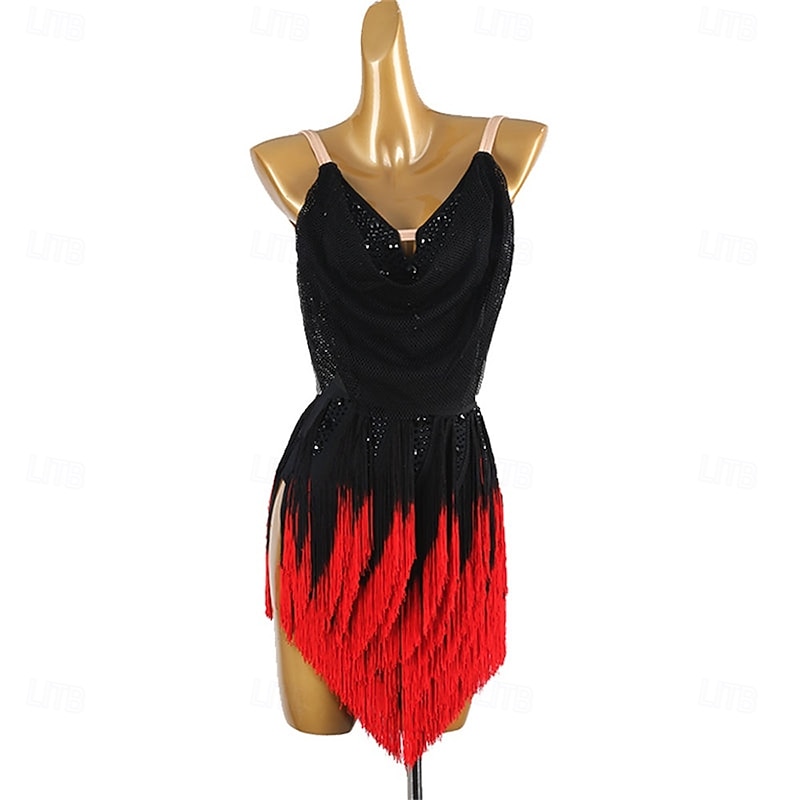 Women's Black and Red Latin Dance Dress with Sequin Detailing, Fringe Skirt, Adjustable Straps – Ideal for Salsa, Cha Cha, and Performance Wear - Main Image