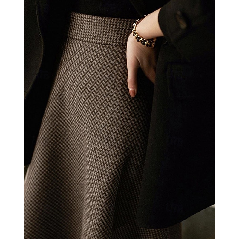 Women's Skirt A Line Fashion Casual Midi High Waist Skirts Houndstooth Ruched Inelastic Micro-elastic Street Daily Coffee Fall Polyester4