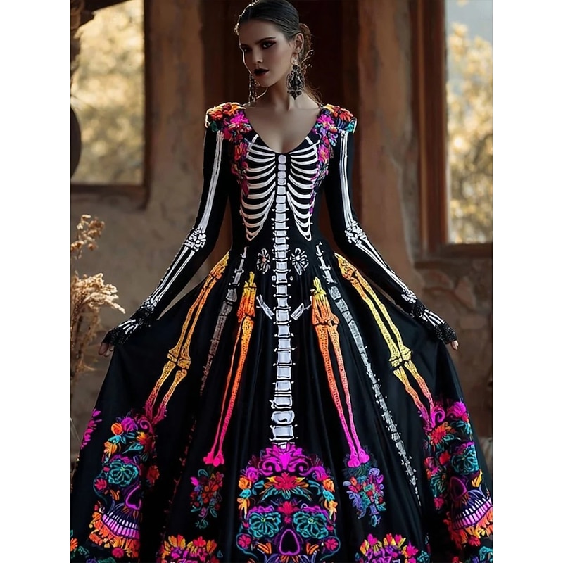 Halloween Women's Maxi Dress Pleated Dress Boho Party Date Going out Regular Fit Skull Long Sleeve V Neck Black Wine Fall Winter