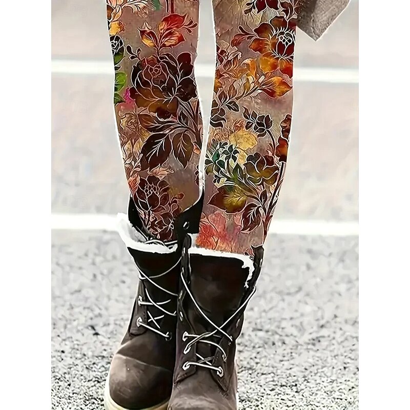 Women's Slacks Leggings Cozy Leggings Vacation Vintage Streetwear Full Length Natural Floral Graphic Leaf Drawstring Patchwork Elastic Waist Comfy Outdoor Comfortable High Elasticity Outdoor Vacation3