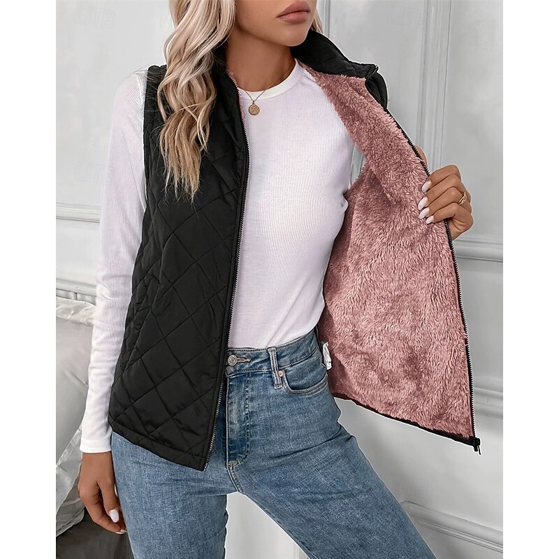 Women's Puffer Jacket Quilted Jacket Casual Jacket Comfortable Breathable Zipper Pocket Casual Plain Vacation Street Casual Daily Wear Zipper Regular Turndown Regular Fit Sleeveless Outerwear Black