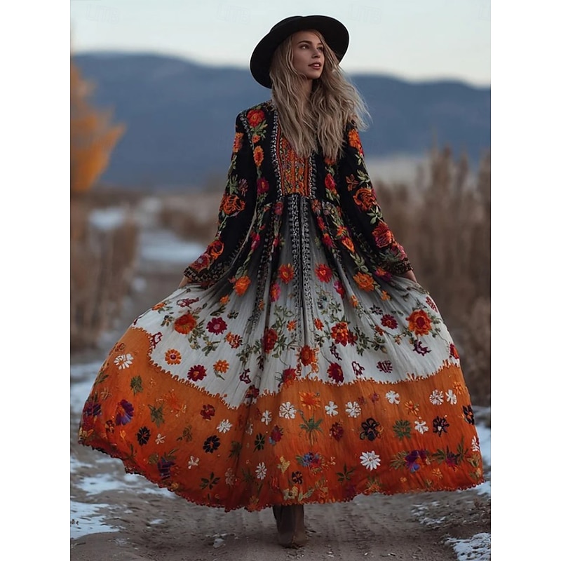 Women's Maxi Dress Pleated Dress Party Casual Boho Daily Date Going out Regular Fit Floral Graphic Long Sleeve V Neck Orange Fall Winter