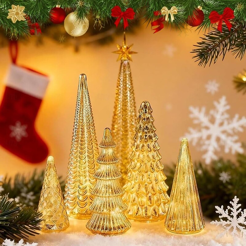 BFF Collection Set of 5 Illuminated Mercury Trees, Mercury Resin Christmas Tree Stylish Lighted Figurine for Xmas Home Party Centerpiece2