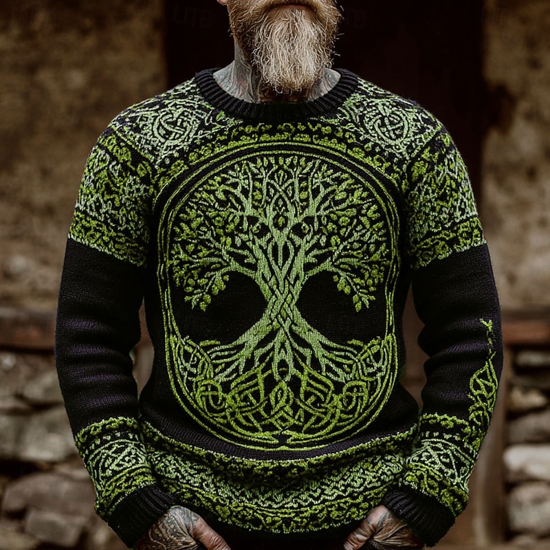 Men's Viking Tree Of Life Pullover Sweater Jumper Knitwear Crewneck Retro Vintage Casual Vacation Daily 3D Print Knitting Keep Warm Long Sleeve Spring Fall Winter Red Blue Brown