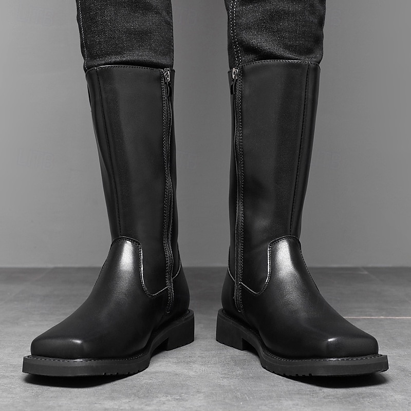 Men's Black Faux Leather Work Riding Boots – Durable Mid-Calf Cowboy Boots with Sturdy Sole for Outdoor, Farm and Everyday Wear4