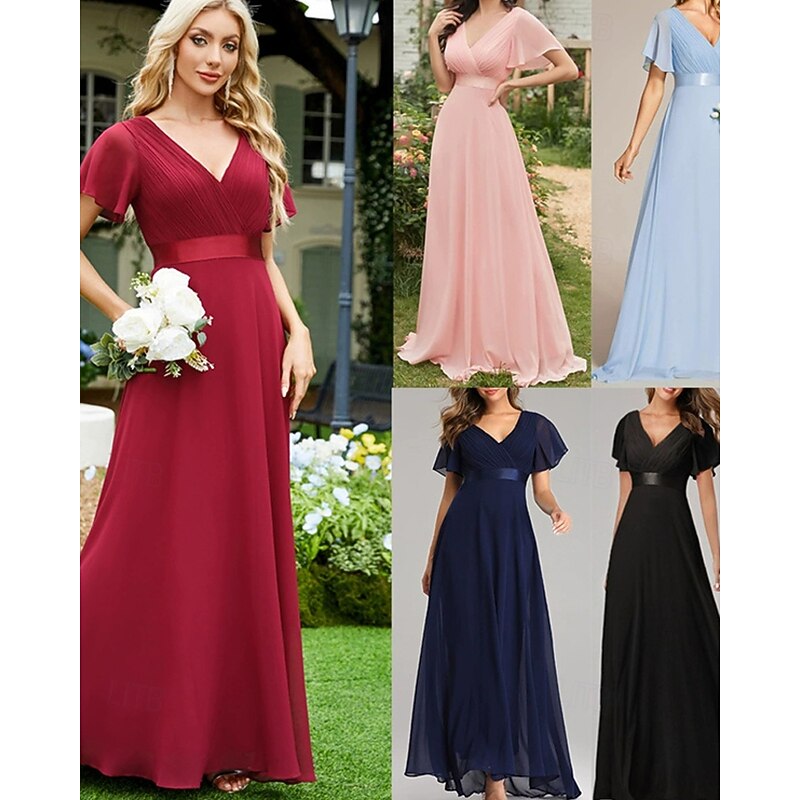 Women's Long Dress Maxi Dress Party Dress Chiffon Chiffon Dress Elegant Fashion Modern Outdoor Party Evening Party Regular Fit Plain Short Sleeve V Neck Pink Red Spring Autumn
