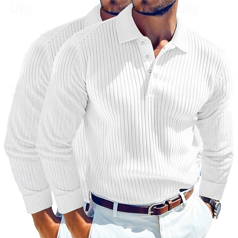 Men's Rib Knit Top Golf Shirt Street Casual Lapel Long Sleeve Basic Modern Plain 2 Piece Buttons Spring Fall All Seasons Regular Fit Gray / Navy Gray / White Blue + White Blue + Gray Blue + Navy3