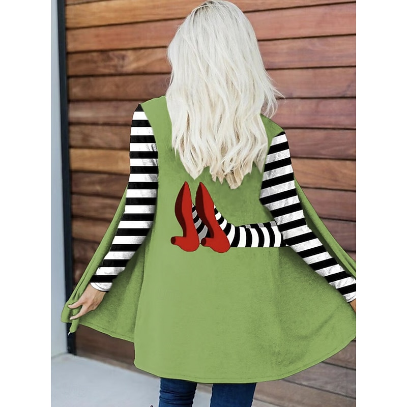 Halloween Women's Winter Coat Trench Coat Lightweight Comfortable Witch Print Open Front Vintage Fashion Casual Witch Vacation Casual Long Collarless Regular Fit Long Sleeve Outerwear Black White