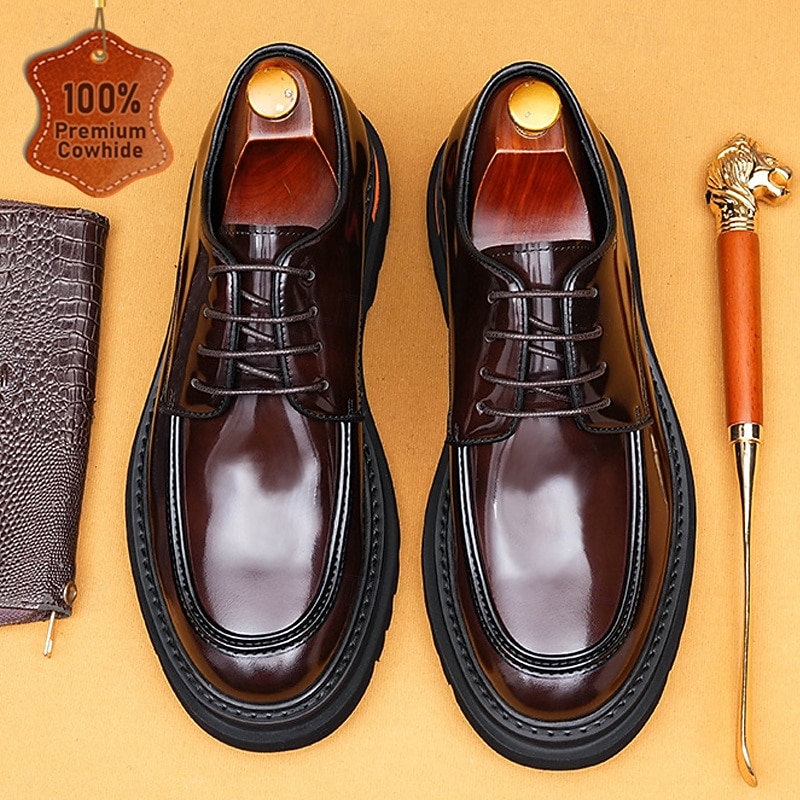 Men's Brown Genuine Leather Lace-Up Oxford Shoes – Classic Formal Dress Shoes for Business, Office and Evening Events