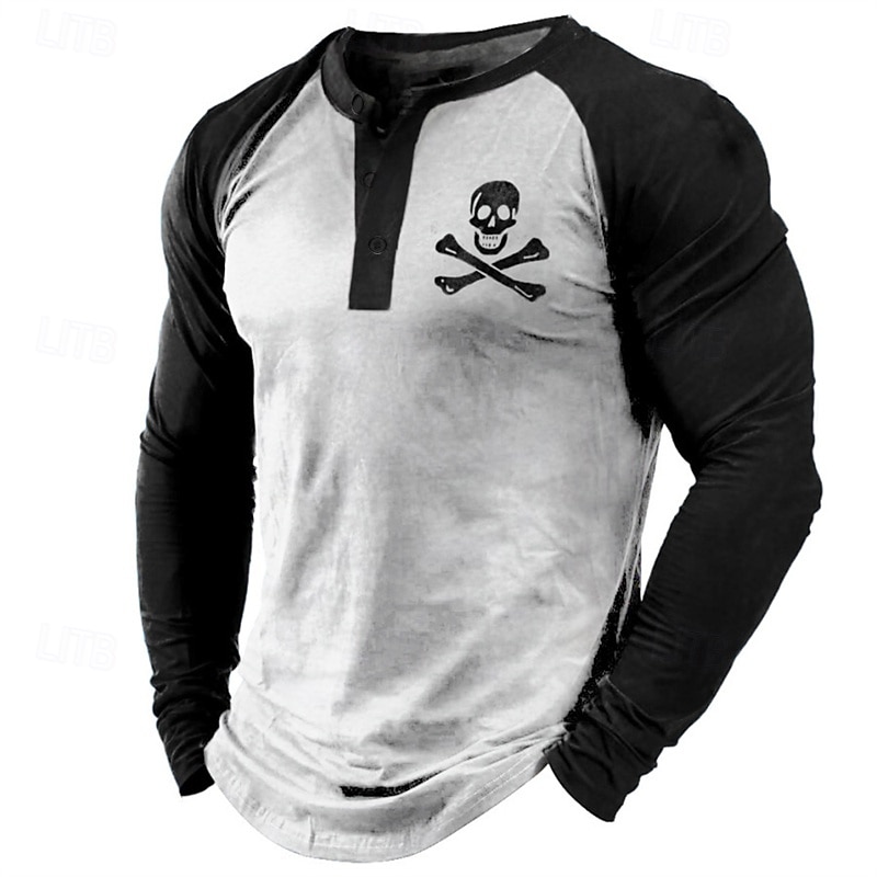 Men's Halloween Skull Graphic Prints Henley Shirt Cool Shirt Long Sleeve Shirt Long Sleeve Hot Stamping Designer Basic Modern Contemporary Vacation Street Going out Spring &  Fall Black White Gray