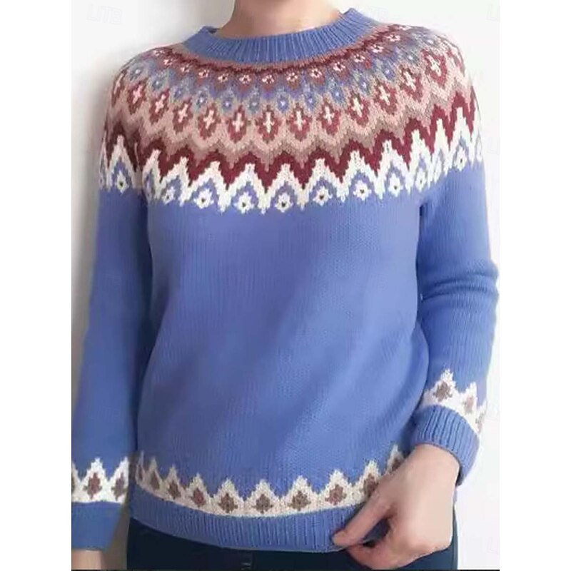 Women's Fair Isle Sweater Pullover Elegant Vintage Streetwear Geometric Ribbed Crew Neck Floral Long Sleeve Regular Tops Knit School Outdoor Home White Red Spring Fall3