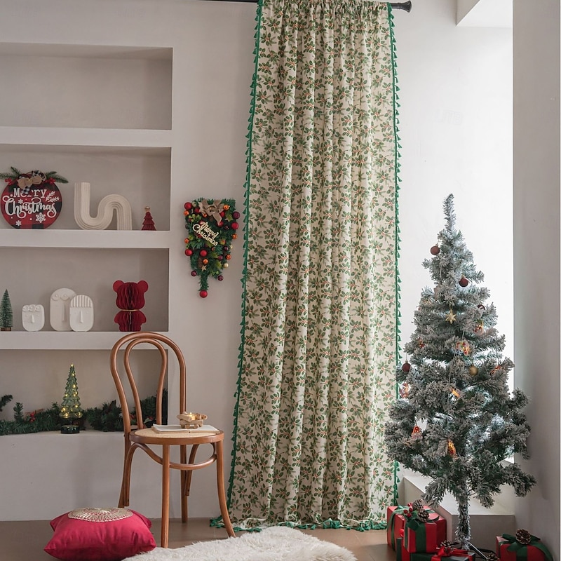 Green Christmas Foil Holly Leaf Curtain, Semi-Blackout Rod Pocket Window Drapes for Kitchen, Bay Window, and Balcony3