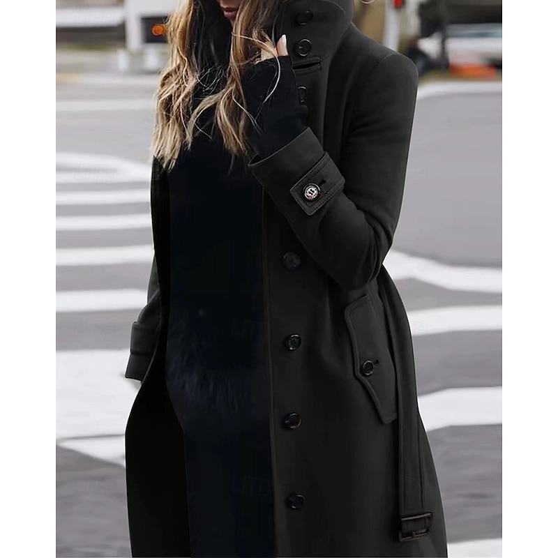 Women's Winter Coat Coat Warm Comfortable Pocket Buttons Elegant Casual Plain Vacation Street Casual Daily Wear Long Turndown Regular Fit Long Sleeve Outerwear Black Red Orange Fall Winter2